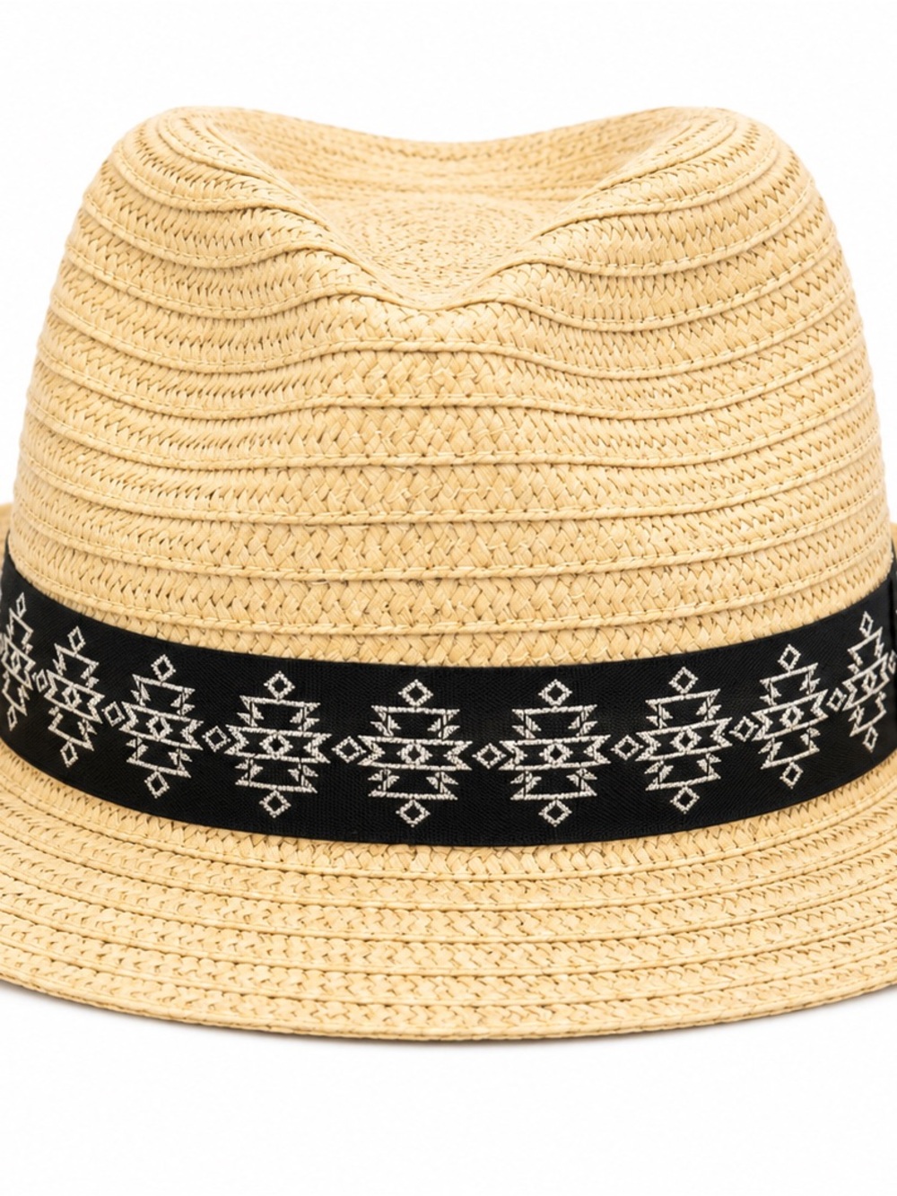 Woven Straw Fedora Hat with Black Geometric Band - Natural